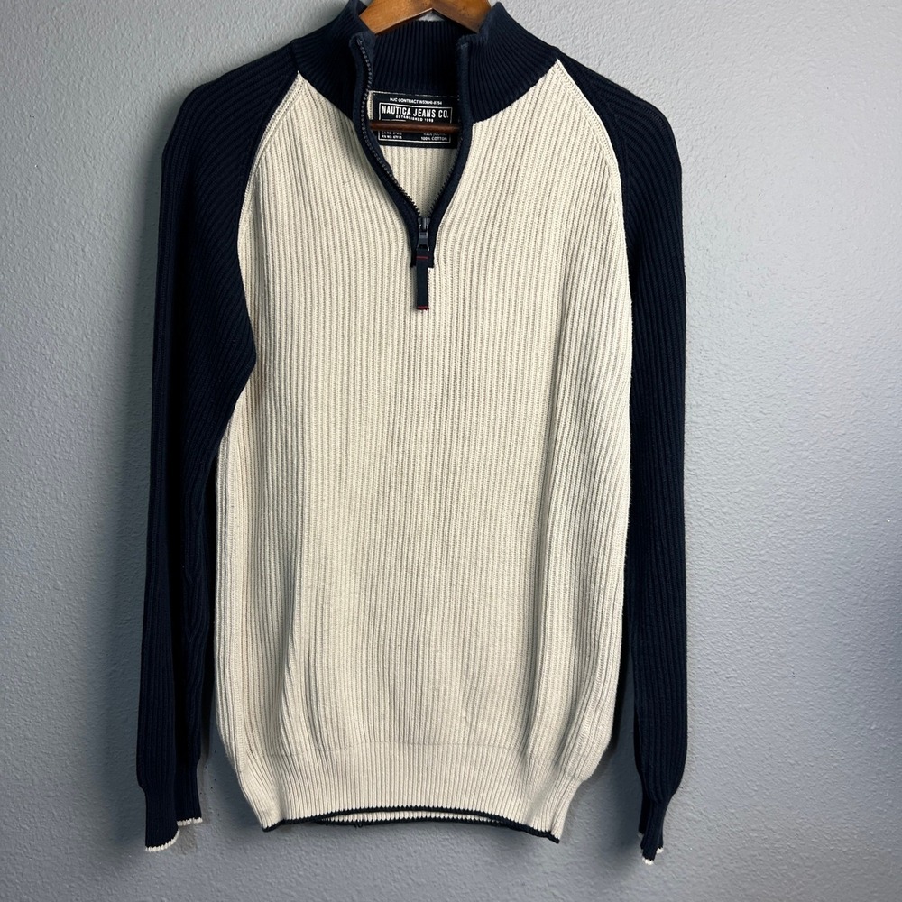 Nautica Jeans Co. 1/4 Zip Pullover Y2K Cotton Sweater Ribbed Knit Color Block L